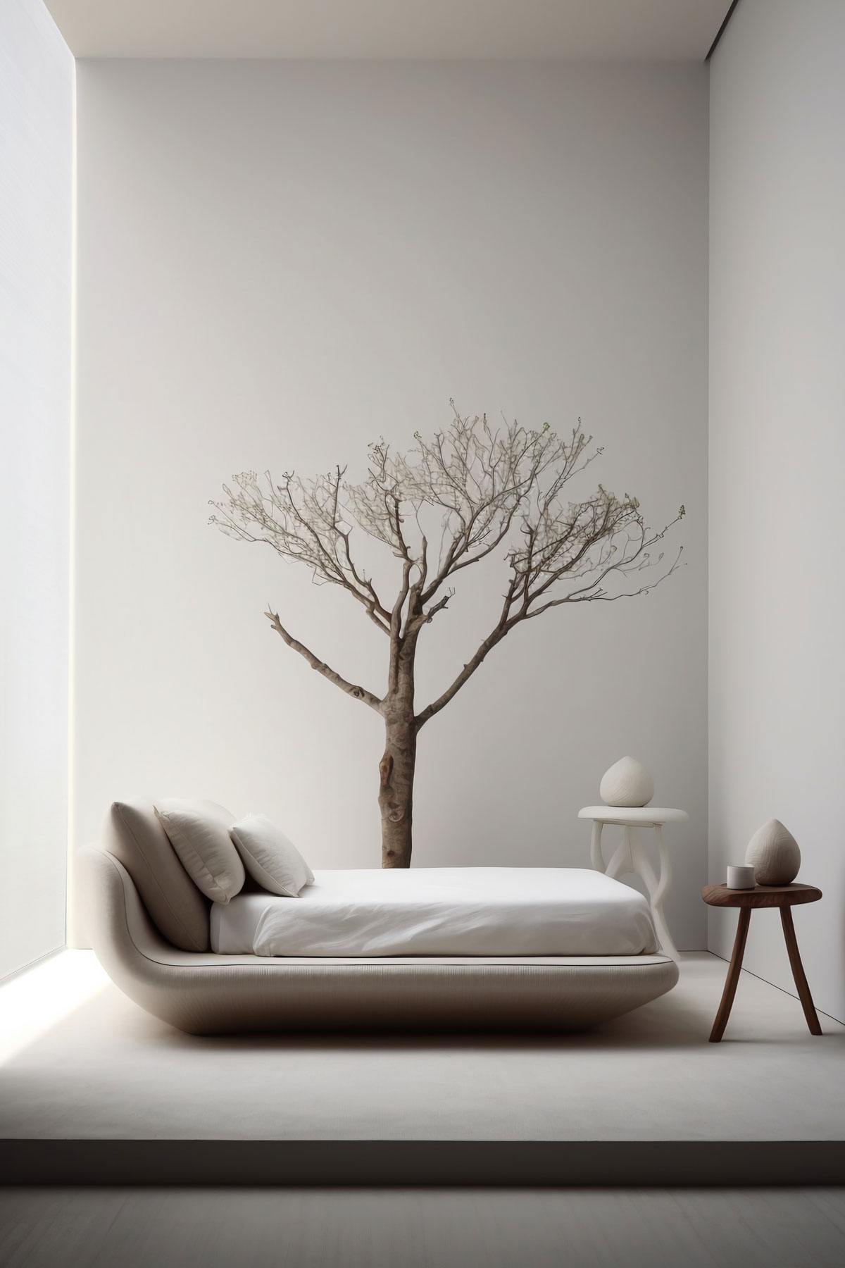 Dormitorio minimalista con techo alto y paredes lisas en color crudo. Cama con cojines y taburetes a los lados de los pies de la cama. En el centro de la habitación se encuentra un árbol sin hojas.